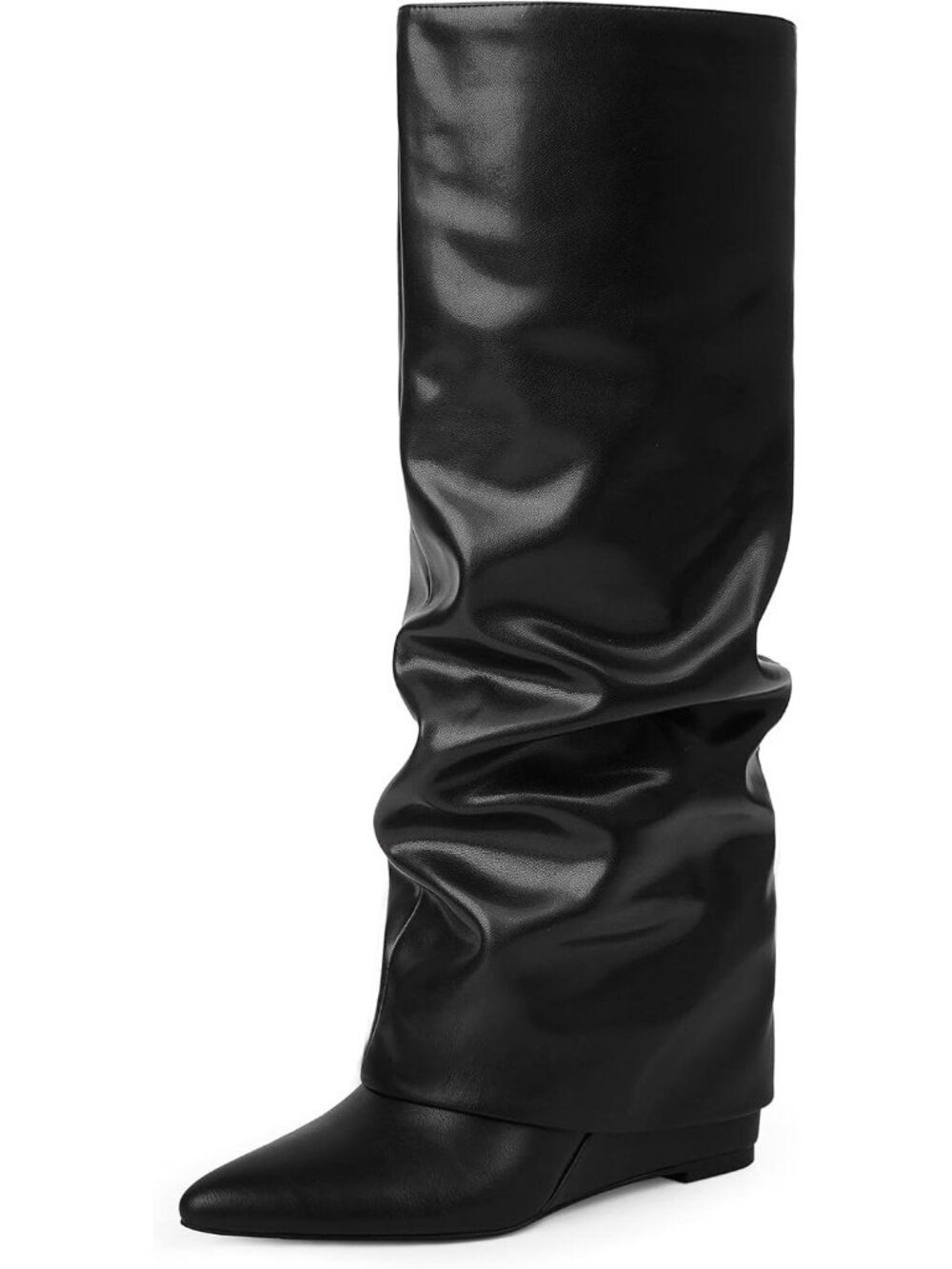 Women's Black Faux Leather Fold Over Wedge Heel Side Zipper Shark Tall Boots